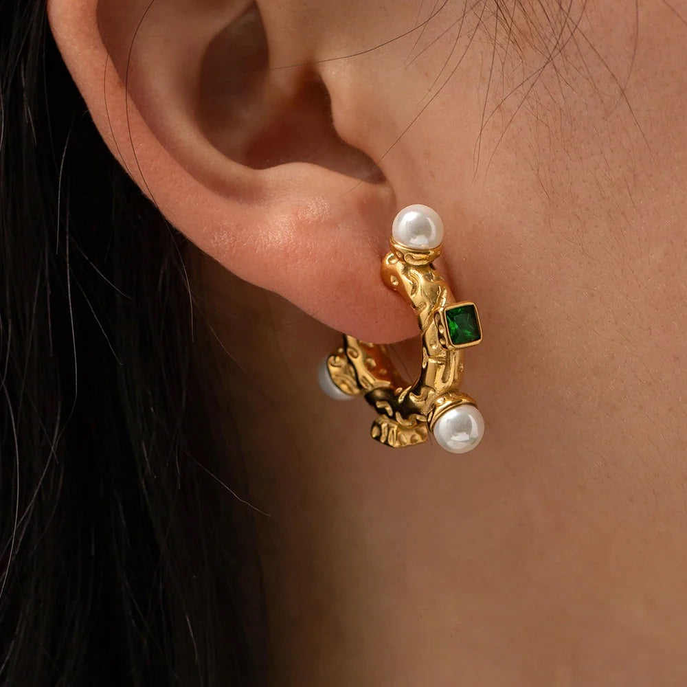 Emerald Pearl Hoops Earings