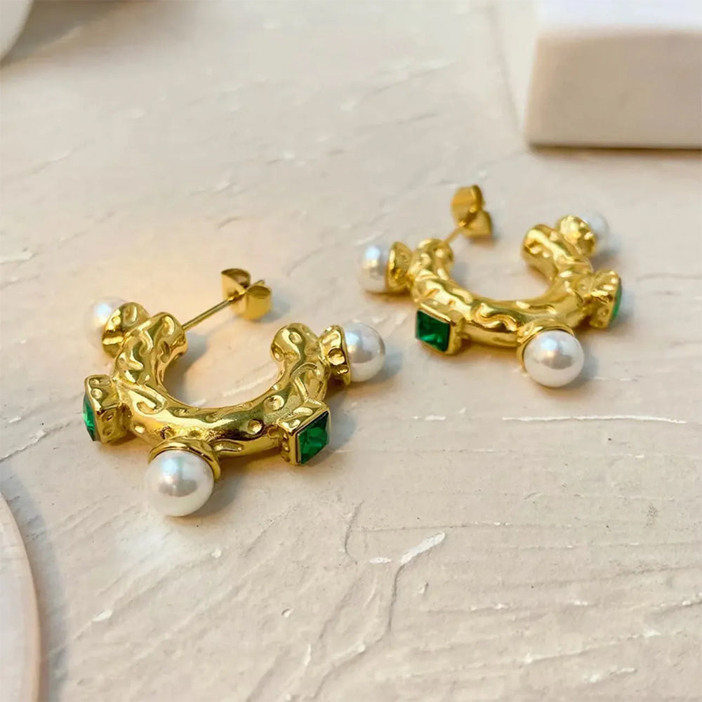 Emerald Pearl Hoops Earings
