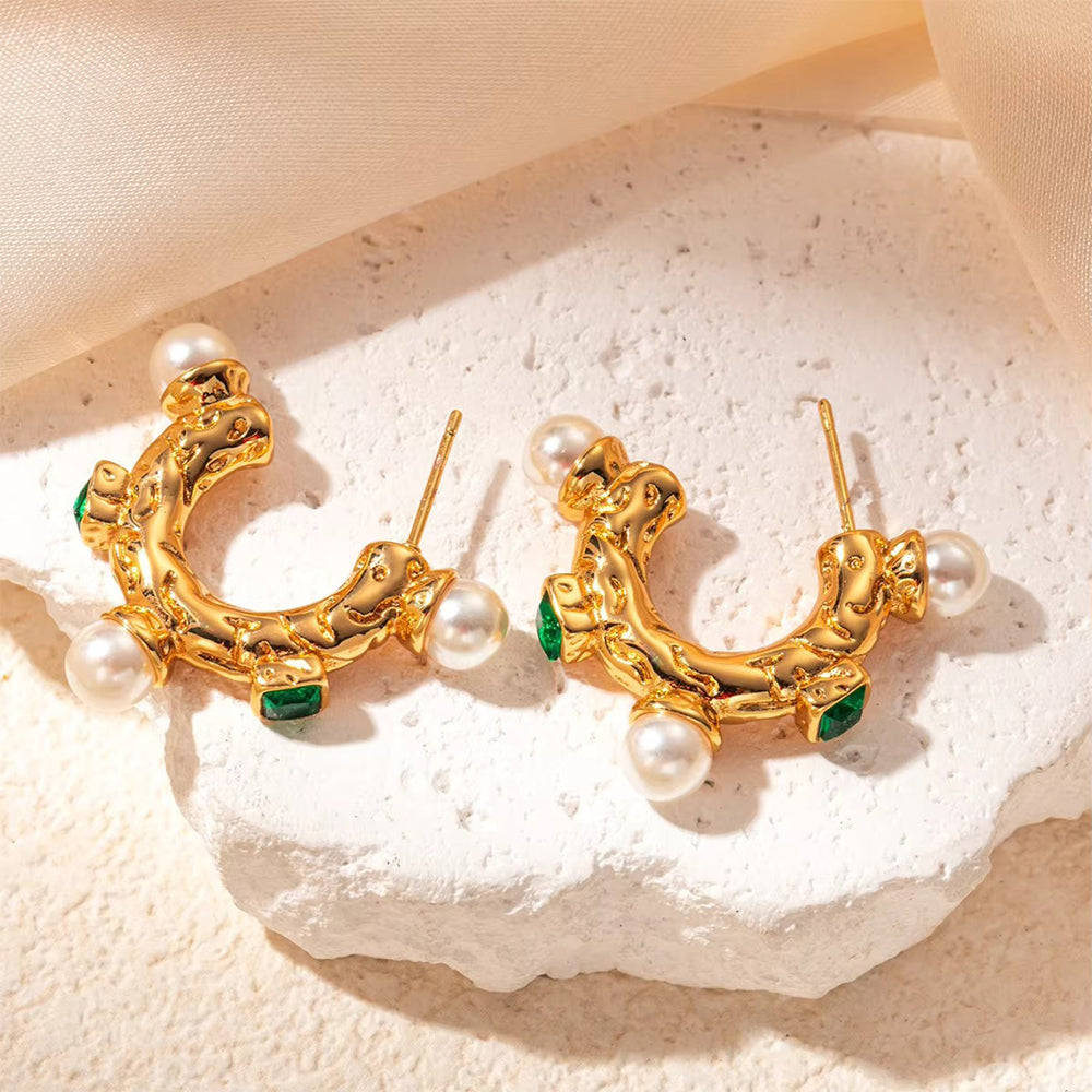 Emerald Pearl Hoops Earings